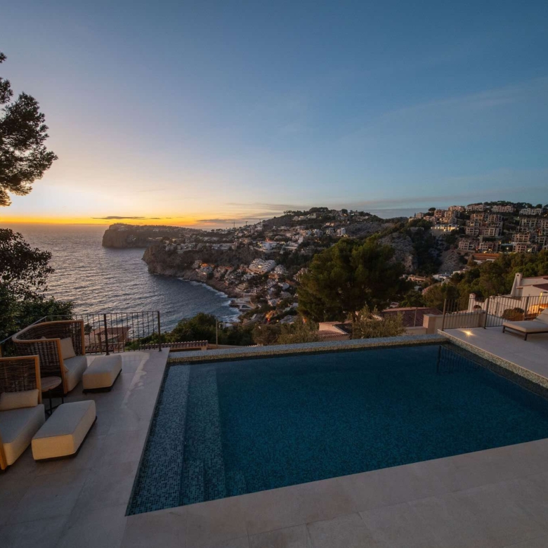 Private pool and sun terrace with panoramic Mediterranean sea views at luxury villa in Cala Llamp, Puerto Andratx