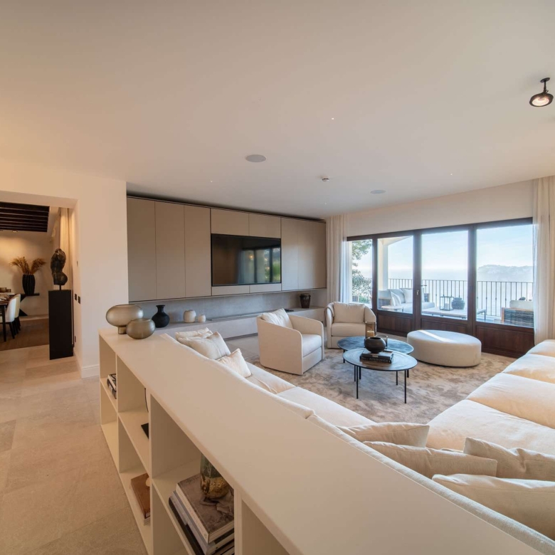 Living room with panoramic Mediterranean sea views from luxury 440m² villa in Cala Llamp, Puerto Andratx, Mallorca
