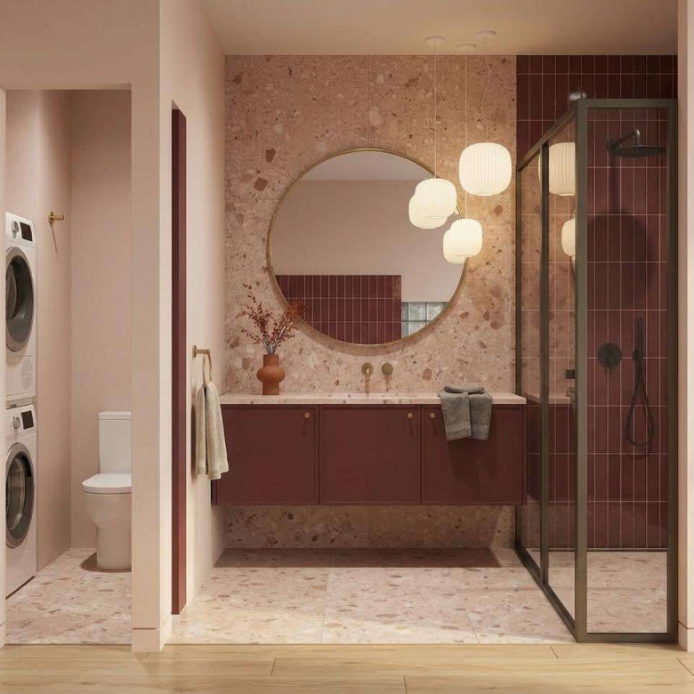 Bathroom at Mérida 94 with contemporary fixtures and finishes in Roma Norte CDMX