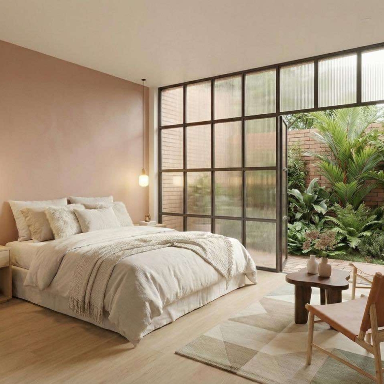 Master bedroom at Mérida 94 with natural ventilation and clean lines in Roma Norte